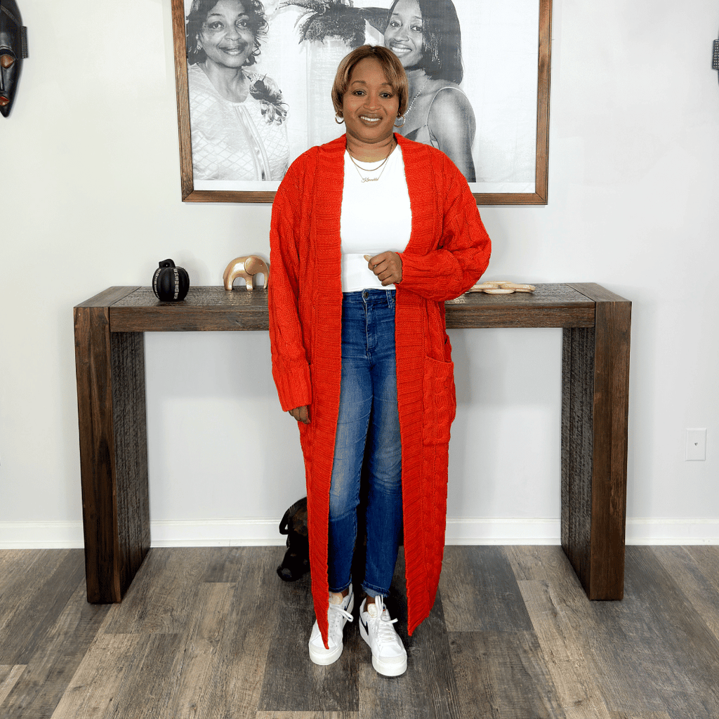 Long red duster cardigan best sale