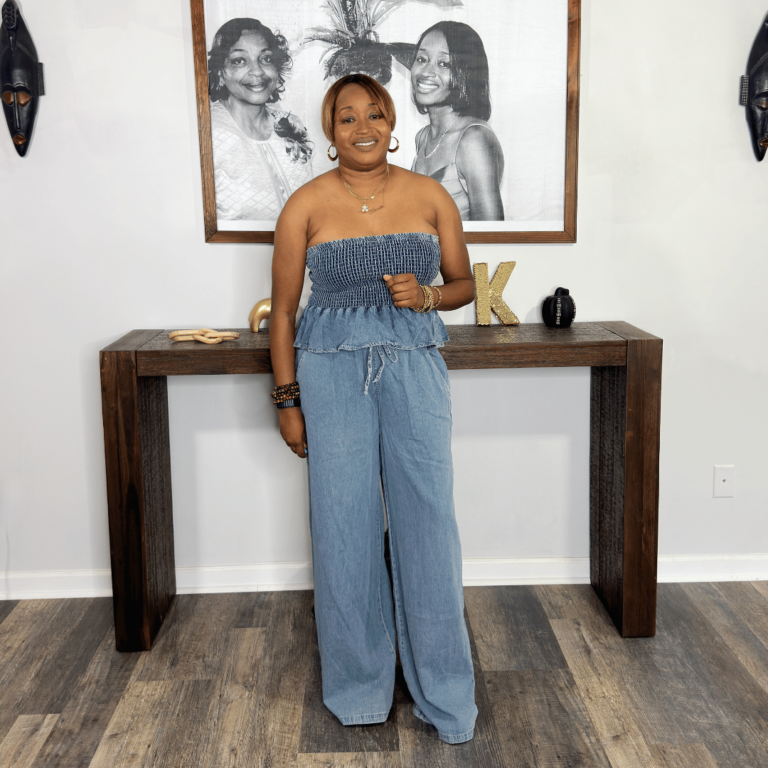 Tara' Peplum Top And Wide Leg Denim Pants Set – House of Charlotte