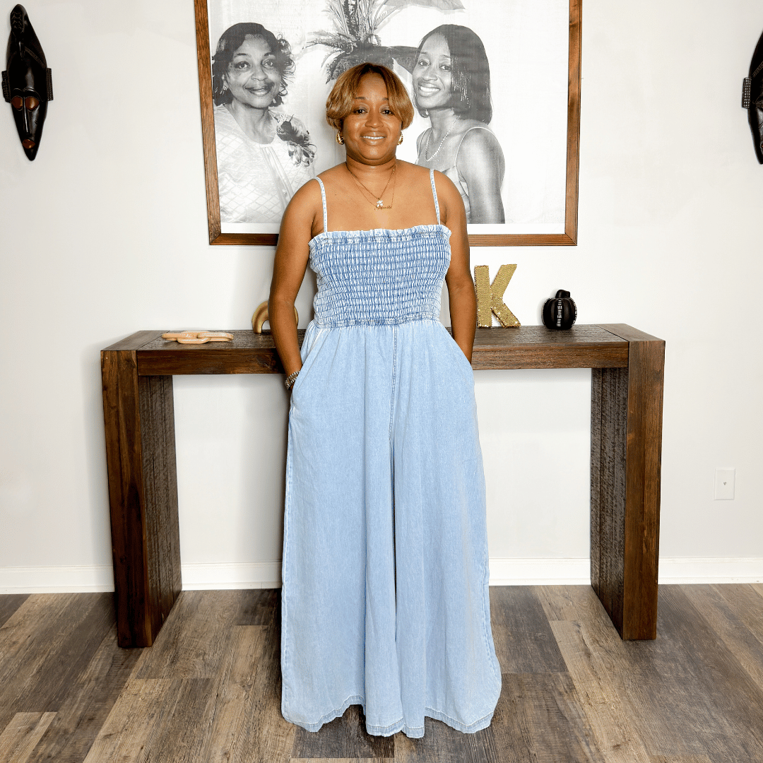 'Kharter' Smocked Bodice Wide Leg Denim Jumpsuit Small 'Kharter' Smocked Bodice Wide Leg Denim Jumpsuit Small