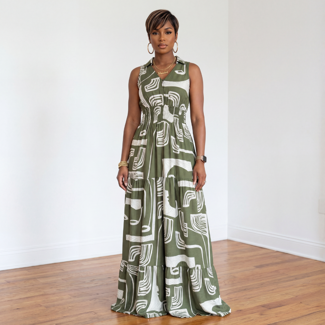 Kiara Printed Smocked Maxi Dress in Olive Green House of Charlotte Boutique Kiara Printed Smocked Maxi Dress in Olive Green House of Charlotte Boutique