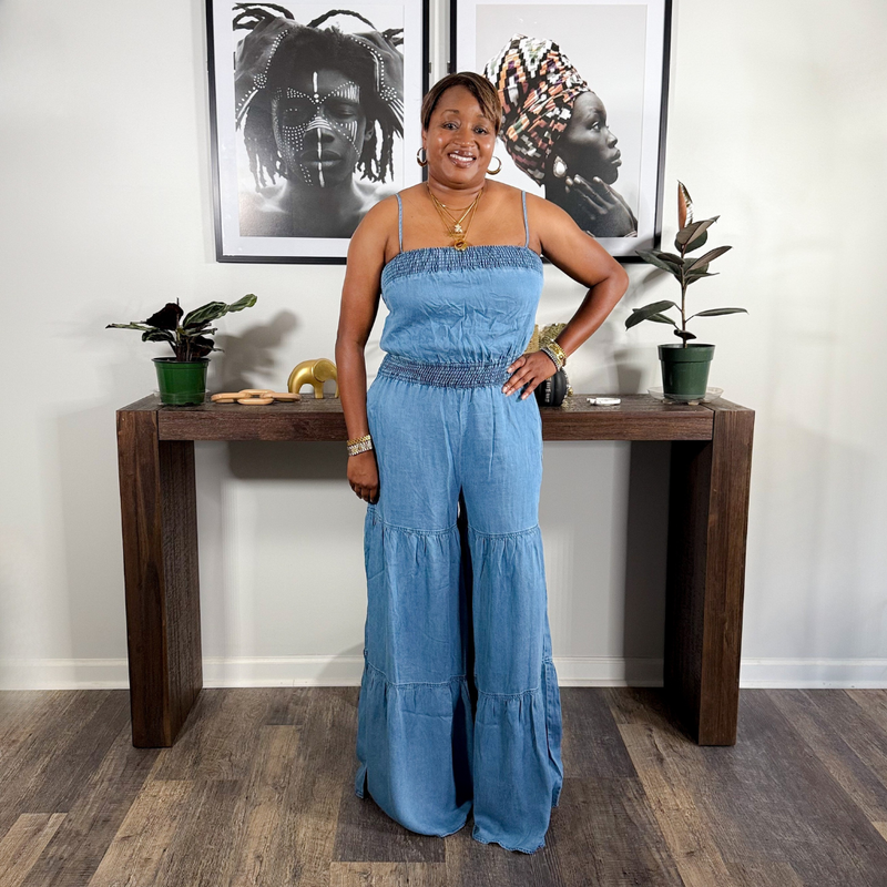 jumpsuit denim dress SHEIN PETITE Women's Casual Denim Jumpsuit Dress With Dual Pockets And Front Button Closure, Summer