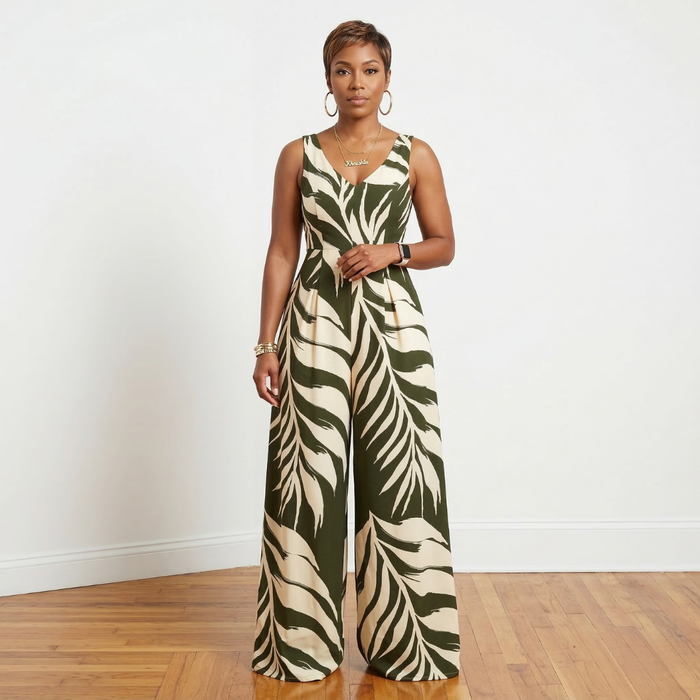 Dion olive leaf print V-neck loose fit jumpsuit worn by model – House of Charlotte Boutique