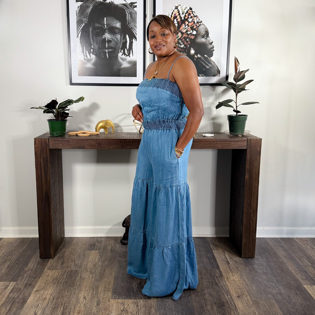 denim jumpsuit dress Denim Halter Keyhole Bell Bottom Jumpsuit X-Large