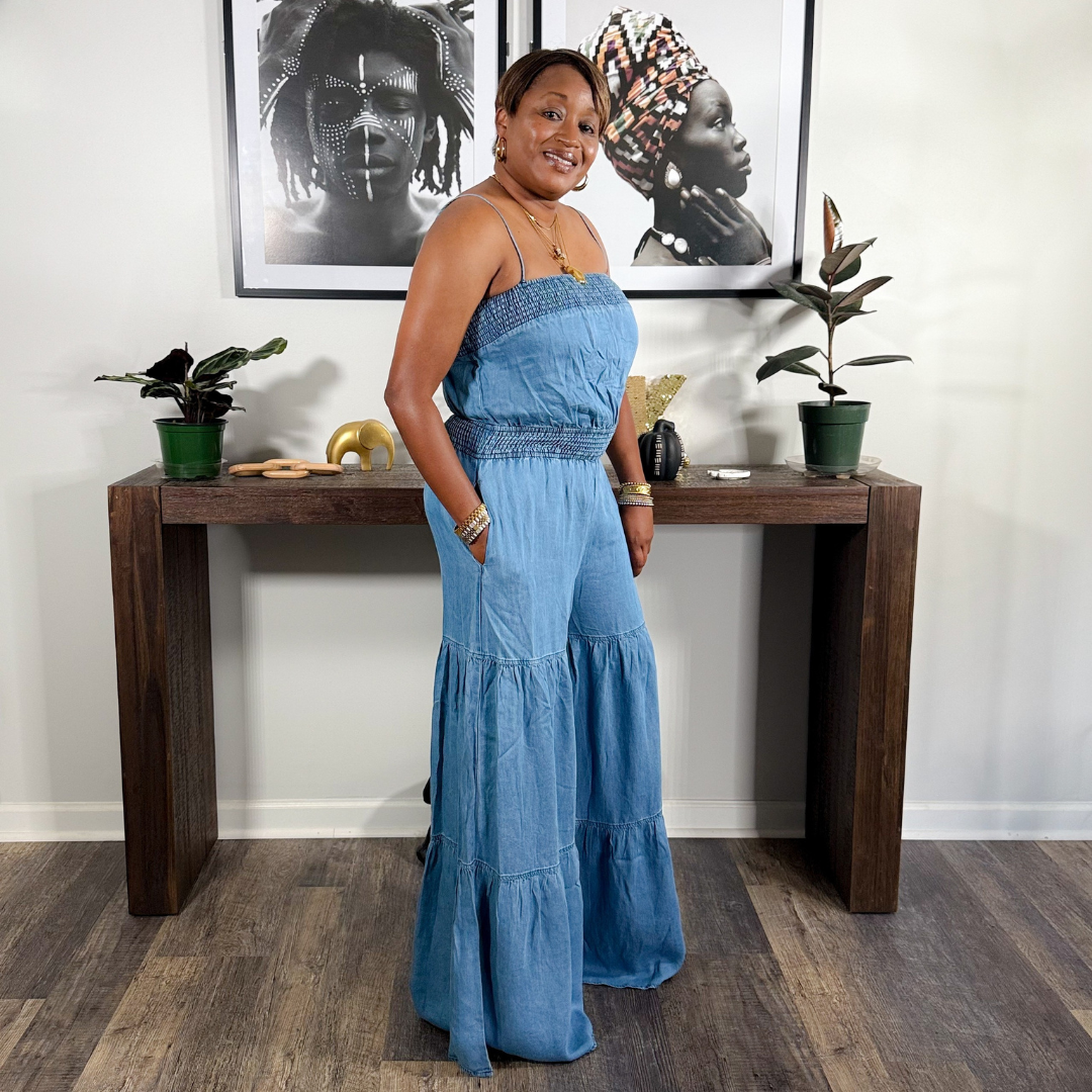 'Tier Me Up' Smocked Tiered Denim Jumpsuit Small