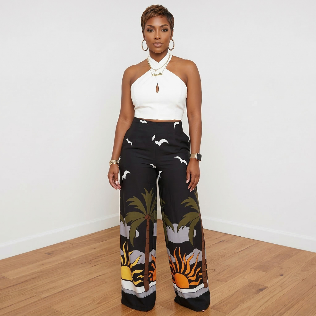 Sasha palm tree print two-piece pants set worn by model – House of Charlotte Boutique