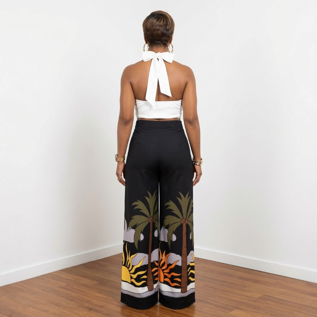 Back view of Sasha palm tree print two-piece pants set – House of Charlotte Boutique