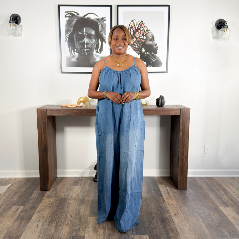 Denim Chambray Sleeveless Wide Leg Jumpsuit