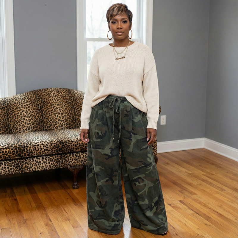 African American model wearing Celeste wide leg denim gauchos in camouflage with a cream front-tucked sweater in a gray studio setting.