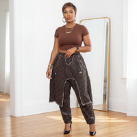 Model wearing Lana double layer leopard jeans with heels