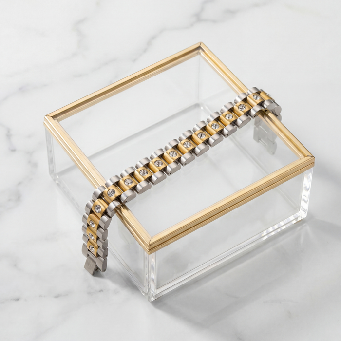 Rollie two-tone link chain bracelet with cubic zirconia accents in 18k gold plated stainless steel