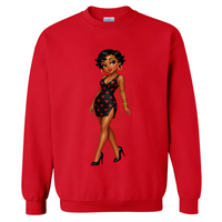 Betty Love Valentine graphic sweatshirt featuring a chic illustrated woman in a black heart-print dress on a red crewneck sweatshirt.