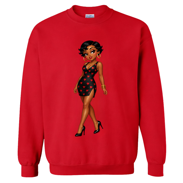 Betty Love Valentine graphic sweatshirt featuring a chic illustrated woman in a black heart-print dress on a red crewneck sweatshirt.