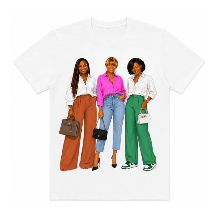 White unisex graphic t-shirt featuring The Trio fashion illustration graphic on a clean white background.