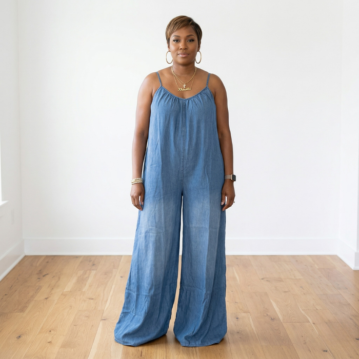 African American woman wearing Maizey denim chambray sleeveless wide leg jumpsuit with V-neck and adjustable straps in a white room with hardwood floors