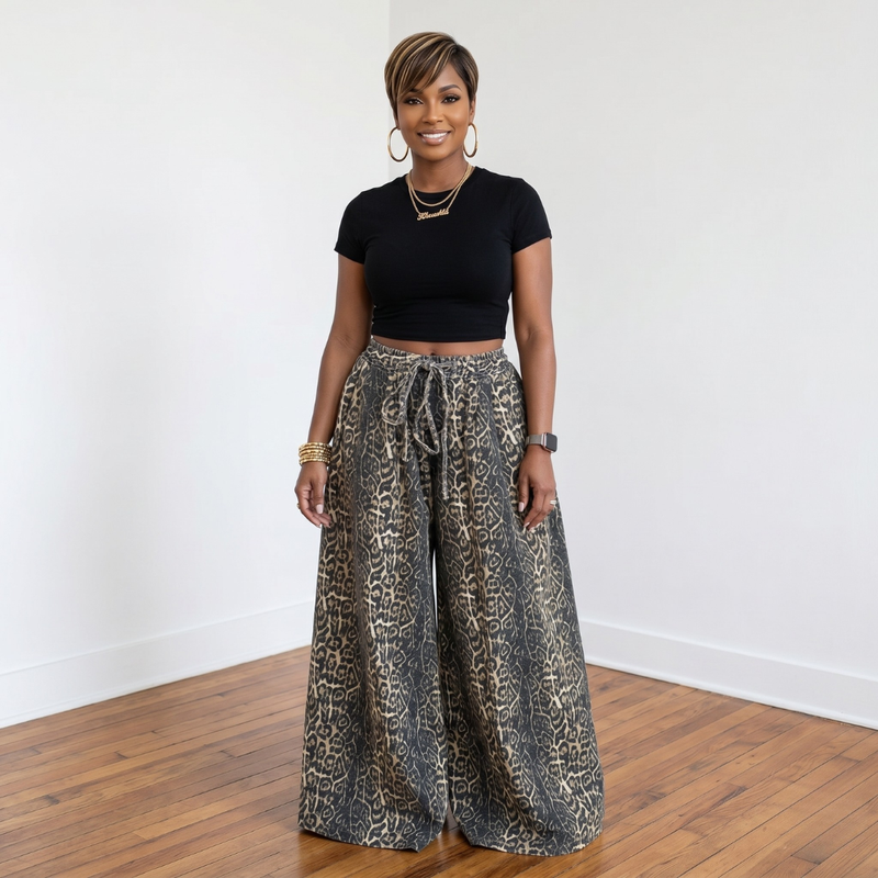 Celeste leopard wide leg denim gauchos for women with black cropped tee full length front view