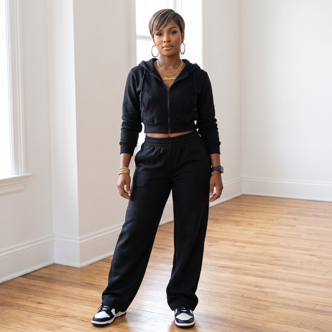 Front view of a model wearing the black Tana Hooded Track Suit with a zip-front jacket and matching pants.