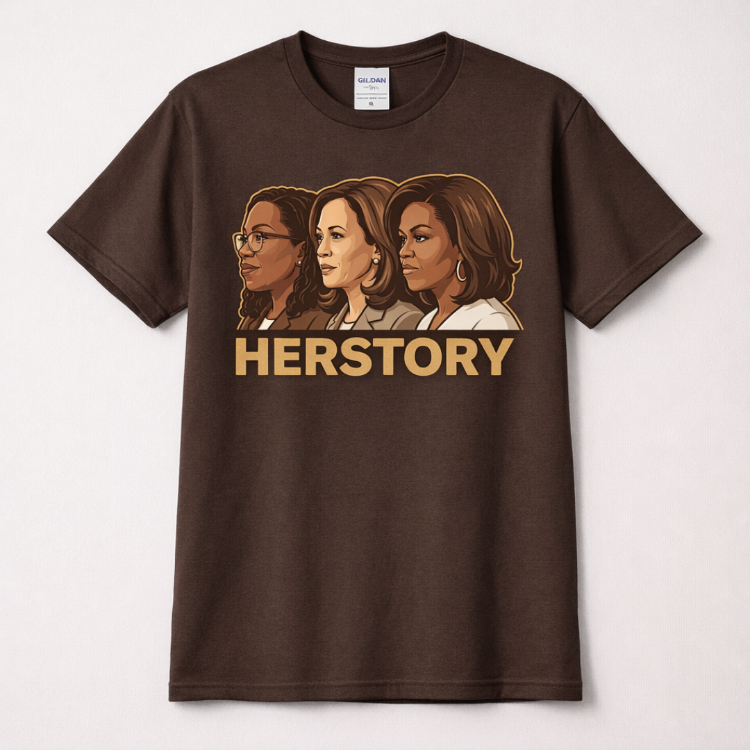 Brown t-shirt with 'HERSTORY' graphic and three women's profiles on a white background