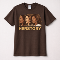 Brown t-shirt with 'HERSTORY' graphic and three women's profiles on a white background