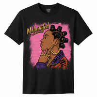 Black Melanated graphic t-shirt with pink background design and gold lettering on soft unisex tee