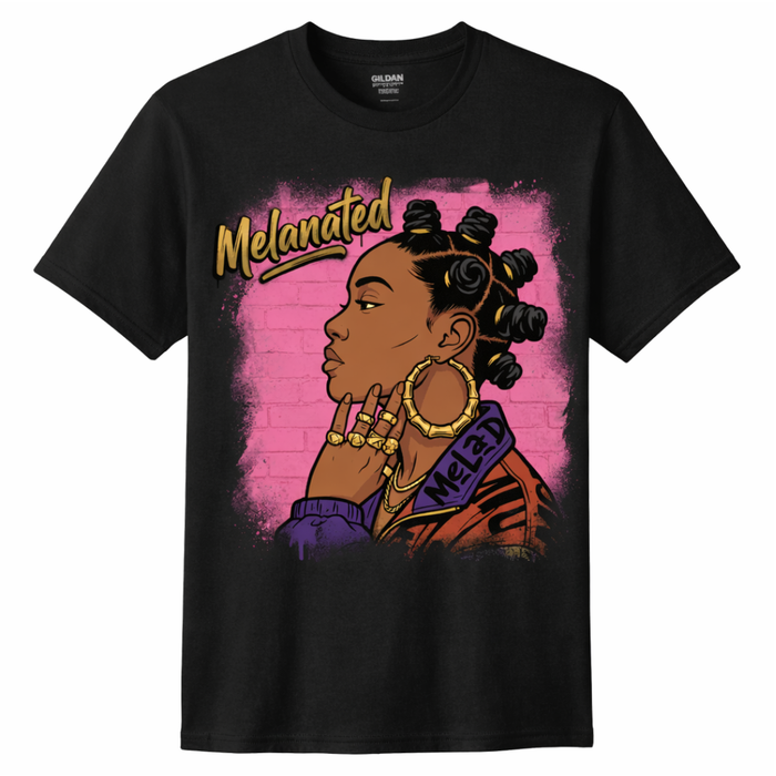Black Melanated graphic t-shirt with pink background design and gold lettering on soft unisex tee