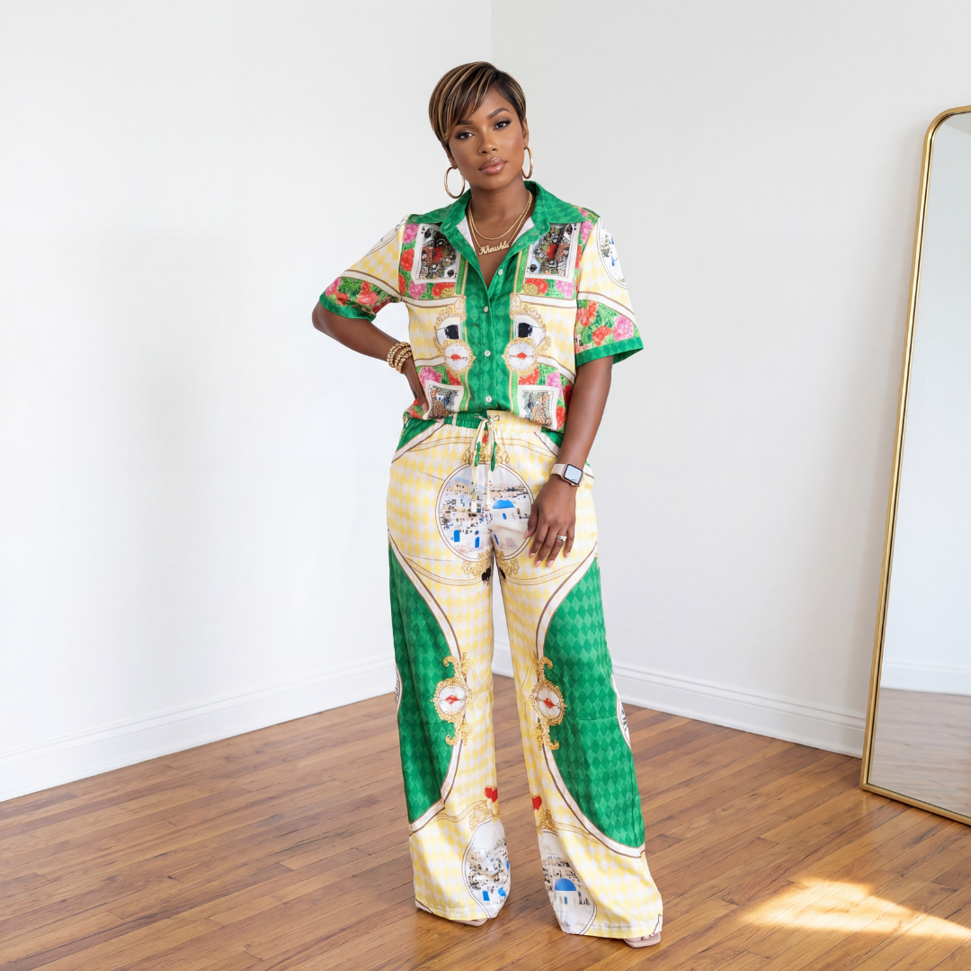Island Muse resort wear pants set green yellow two piece outfit front view wide leg pants