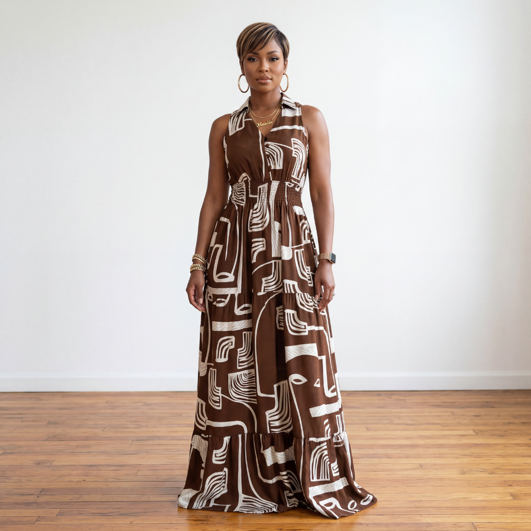 Kiara printed smocked maxi dress in brown front view on model in white room