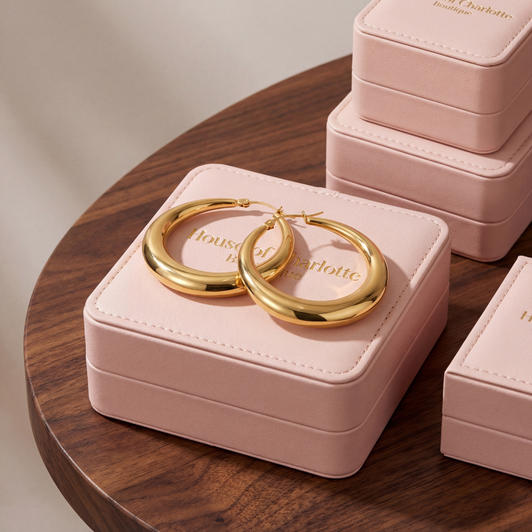 Amelia 1.5-inch gold statement hoop earrings displayed on a pink House of Charlotte Boutique jewelry box on a dark wood table