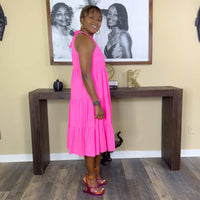 tiered midi dress neon pink