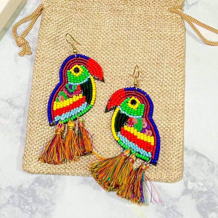 beaded parrot tassel earrings