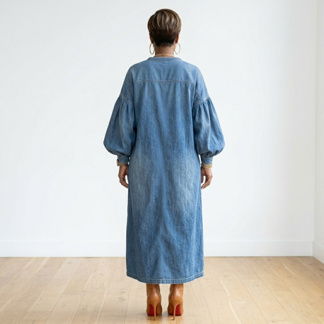 Back view of the Lena Denim Dress on a model, showing its relaxed silhouette and long lantern sleeves in a white room with hardwood flooring.
