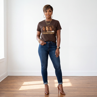 Herstory graphic t-shirt in dark chocolate worn with dark denim jeans and heels