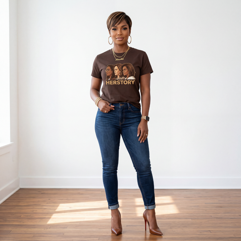 Herstory graphic t-shirt in dark chocolate worn with dark denim jeans and heels