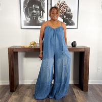 Denim Chambray Sleeveless Wide Leg Jumpsuit