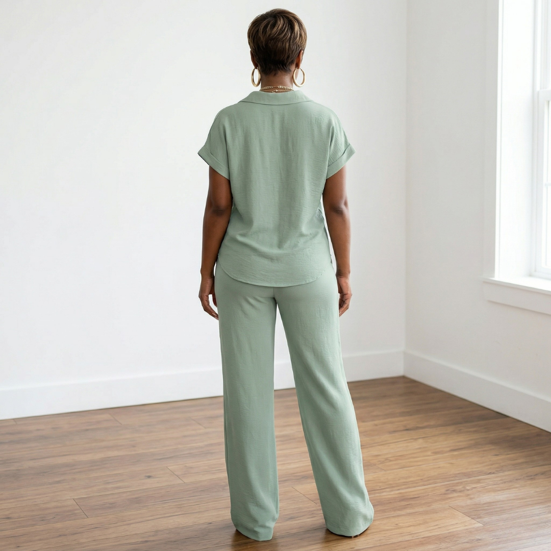 African American woman wearing a sage green two-piece shirt and pants set with a button-down top and wide-leg pants in a bright white room with hardwood flooring