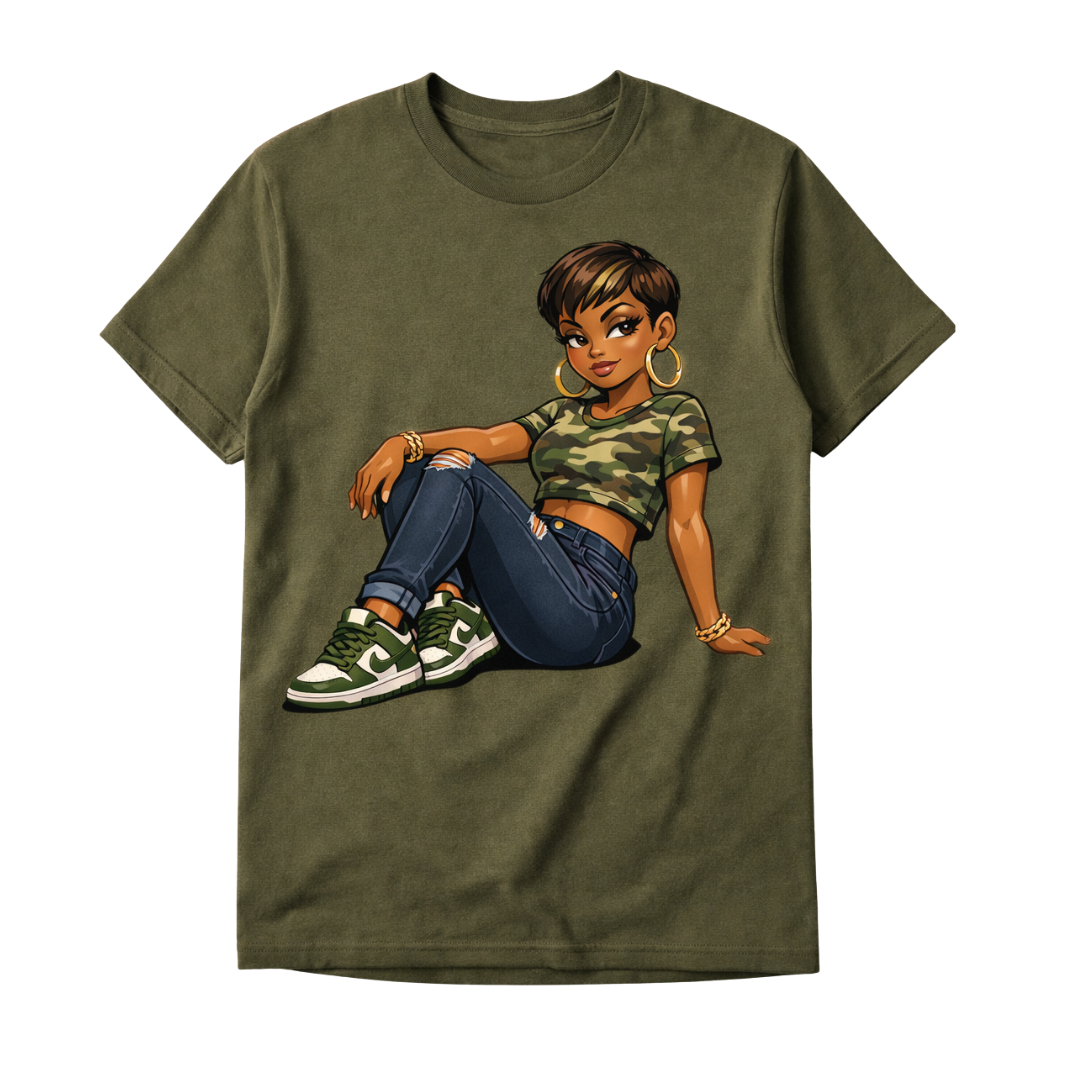 Close-up of Charlie Love character graphic on green cotton t-shirt showing camo crop top and denim outfit detail