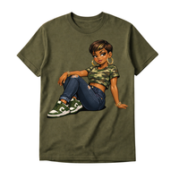 Close-up of Charlie Love character graphic on green cotton t-shirt showing camo crop top and denim outfit detail