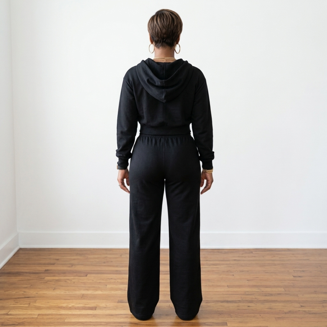 Back view of the black Tana Hooded Track Suit, showing the hood resting on the upper back and pants falling over the heels.