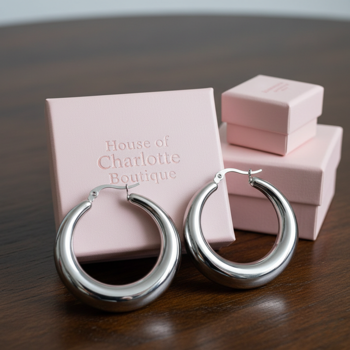 Amelia 1.5-inch silver statement hoop earrings displayed on a pink House of Charlotte Boutique jewelry box on a dark wood table