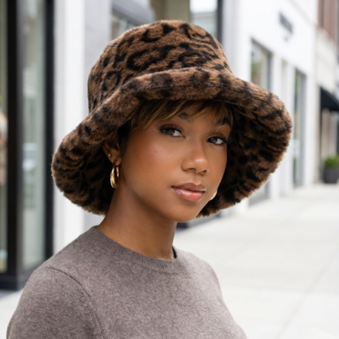 Leopard Faux Fur Bucket Hat | Brown
