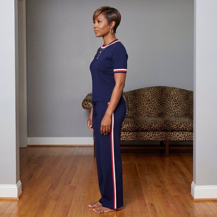 Side view of the Lane Stripe Knit Set in navy showing knit fabric, short-sleeve top with border stripe detail, elastic waist pants with side stripes, and a relaxed fit.
