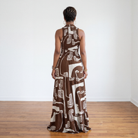 Kiara printed smocked maxi dress in brown back view showing full length silhouette