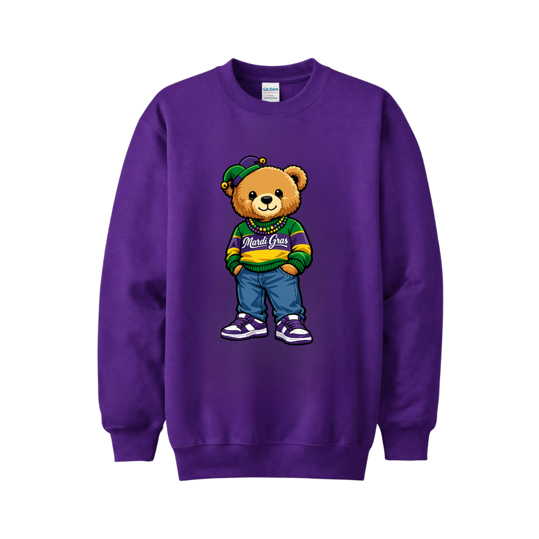 Mardi Gras Teddy Bear Sweatshirt | Purple