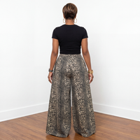 Celeste leopard wide leg denim gauchos for women full length back view ultra wide leg silhouette