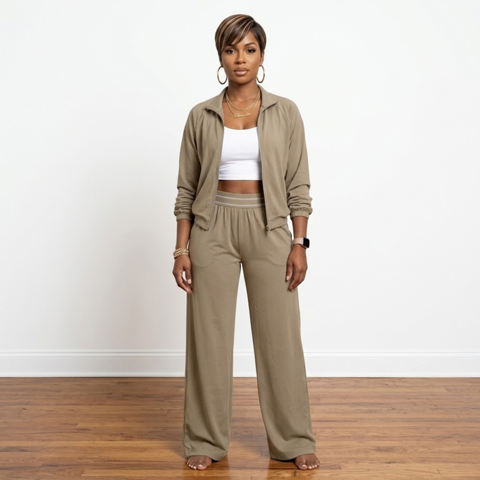 Front view of the Erica Track Suit in taupe with a zippered jacket, side pockets and matching elastic-waist pants.