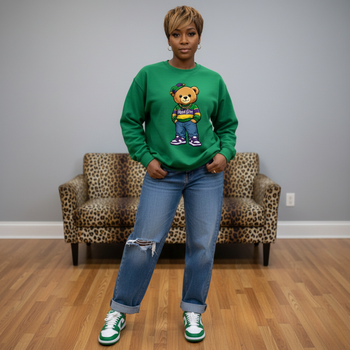 Mardi Gras Teddy Bear Sweatshirt | Green