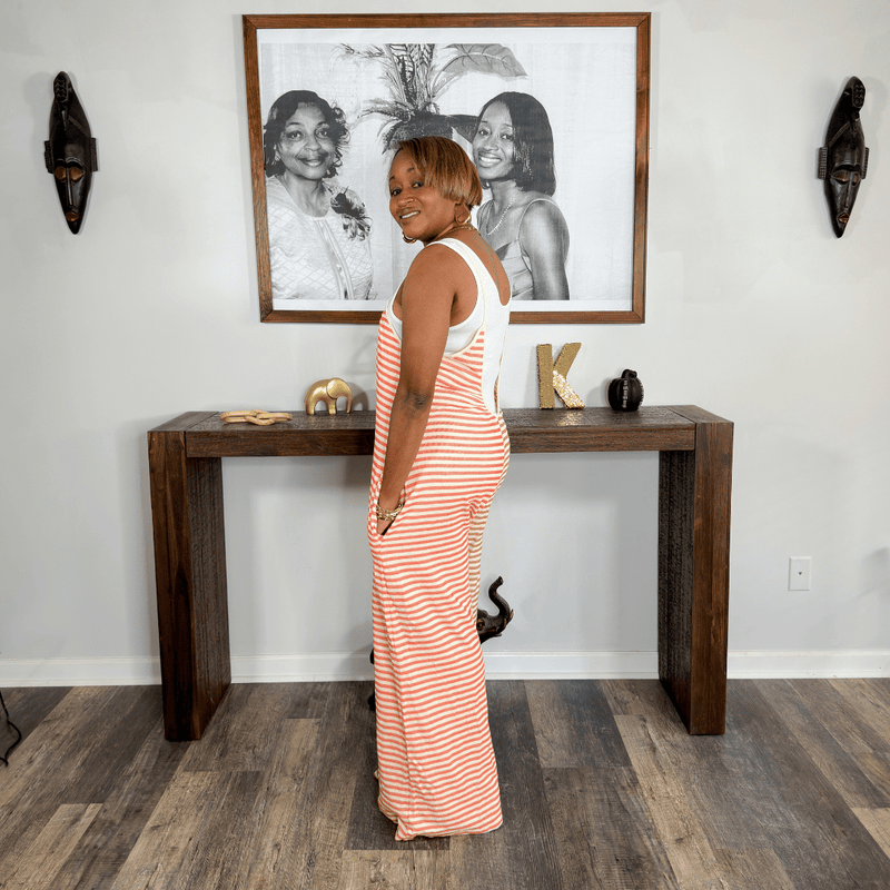 V-Neck Striped Contrast Jumpsuit | Camel/Coral