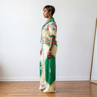 green yellow resort wear pants set side profile wide leg flowy pants two piece outfit