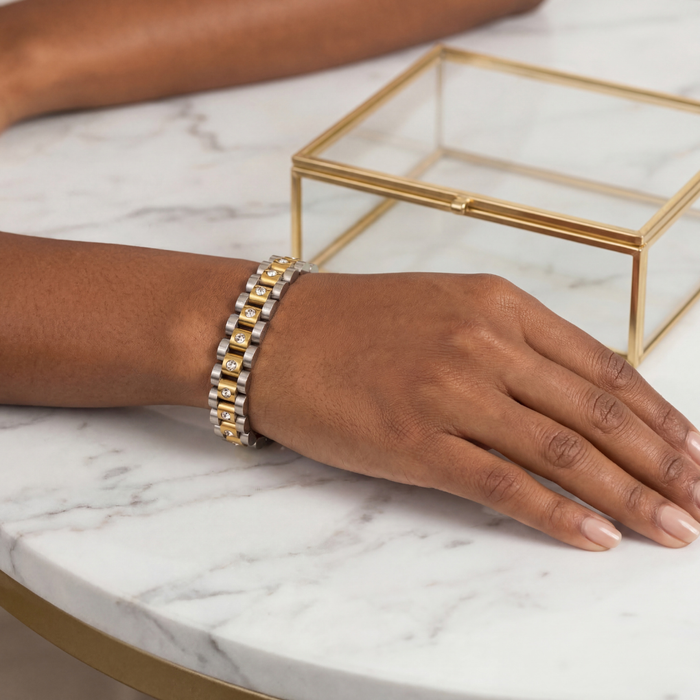 Rollie two-tone link chain bracelet with cubic zirconia accents in 18k gold plated stainless steel