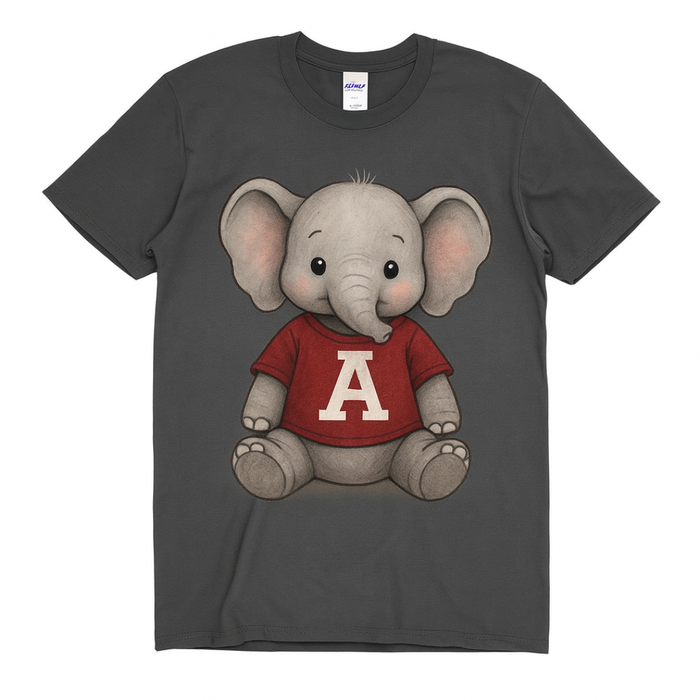 A dark gray crewneck t-shirt featuring a graphic of a cute gray baby elephant wearing a red shirt with a white letter 'A' on the front, displayed on a clean white background.