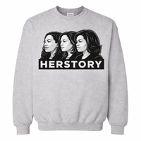 Sport gray HERSTORY graphic sweatshirt mockup featuring black and white illustrated side-profile portraits of influential Black women with bold HERSTORY lettering on a unisex fleece crewneck.